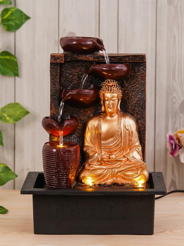 CHRONIKLE Polyresin Golden Brown Meditating Buddha Tabletop Indoor 4 Diya Steps Water Fountain for Home Decor with Yellow LED