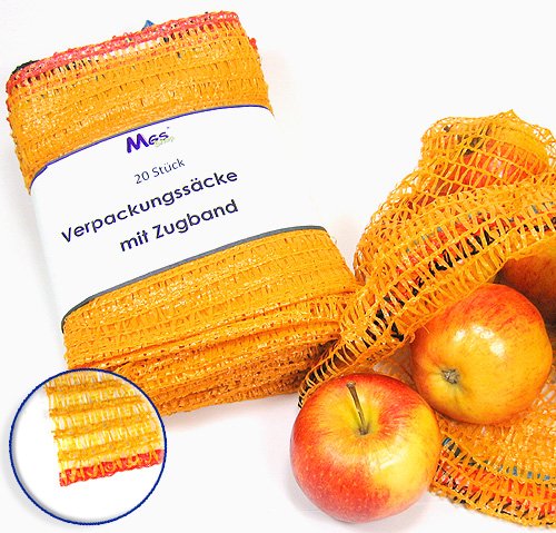 Verpackungssäcke 2,5kg 28 x 36cm Raschelsäcke Kartoffelsäcke mit Zugband & Borte (20er-Set)