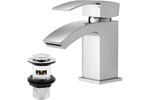 Waterfall Bathroom Sink Taps with Drain, BATHWEST Chrome Square Basin Taps with Pop Up Waste, Monobloc Brass Bathroom Taps with Sink Plug 322N