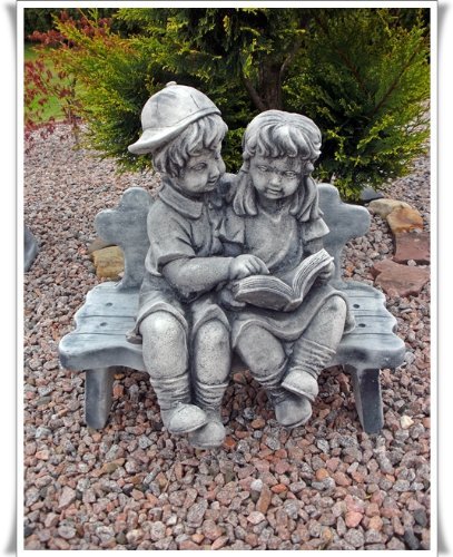 Mädchen und Junge auf Bank Kind Steinfigur Skulptur Gartenfigur Steinguss Farbe: grau / Patiniert von steinfiguren-neumann - 3