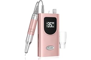 Kredioo Torno para Uñas Profesional 35000RPM Pórtatil＆Recargable 6 Brocas Lima Eléctrica de Manicura y Pedicura Pulidor Set Taladro de Clavo Eléctrico Limado Kit Set de Fresas LCD con Batería Rosa