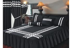 AMBIANCE HOME King Size Fitted Bedspread Glamour Black with Silver Trim/Ribbon, Frilled Quilted Bedspread & Pillow Shams, Extra Deep 22" Frill, Luxurious 200 Thread Count 100% Egyptian Cotton