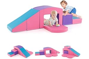 GOPLUS 7 PCS Parcours de Motricité Bébé, Module Motricité en Mousse PU avec Remplissage en EPE, Jouets Montessorris Éducatifs pour Enfants 12 Mois+ (Rose+Violet)