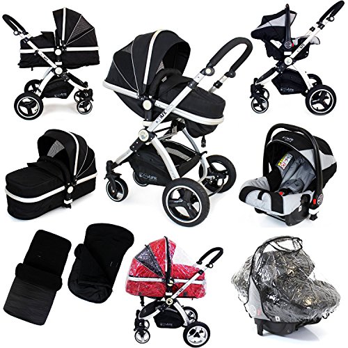 i-Safe System - Black Grey Travel System Pram & Luxury Stroller 3 in 1 Complete With Footmuff, Head support, Carseat Footmuff, All the Raincovers iSafe
