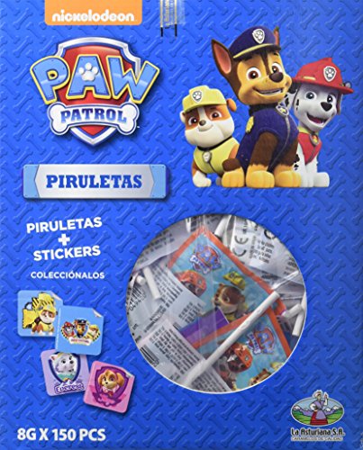 Piruletas Patrulla Canina La Asturiana - Pequeñas piruletas de sabores surtidos, con pegatinas de la Patrulla Canina en el interior, sin gluten, display de 150 unidades (8 gramos/piruleta)
