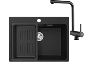 CECIPA Evier Cuisine 1 Bac 60 x 45 cm avec Mitigeur Cuisine Rabattable, Evier Noir en Granit avec Panie de Vidange, Lavabo Cuisine pour Meubles Bas de 60 cm, avec Siphon Classique et Trop-plein