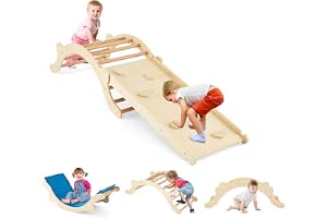 COSTWAY Klätterbåge med kudde, klättertriangel med rutschkana, trä, 3-i-1-klätterställning inomhus för att glida, klättring och gunga, inkl. vändbar ramp och kudde, för barn från 1 år (natur)