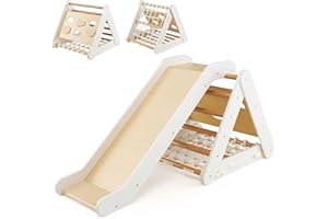 COSTWAY 4 in1 Set Arrampicata per Bambini, Triangolo Arrampicata Bambini con Scivolo, Giocattoli da Arrampicata in Legno con Rete, Carico 50kg, 1 Anni+ (Beige)