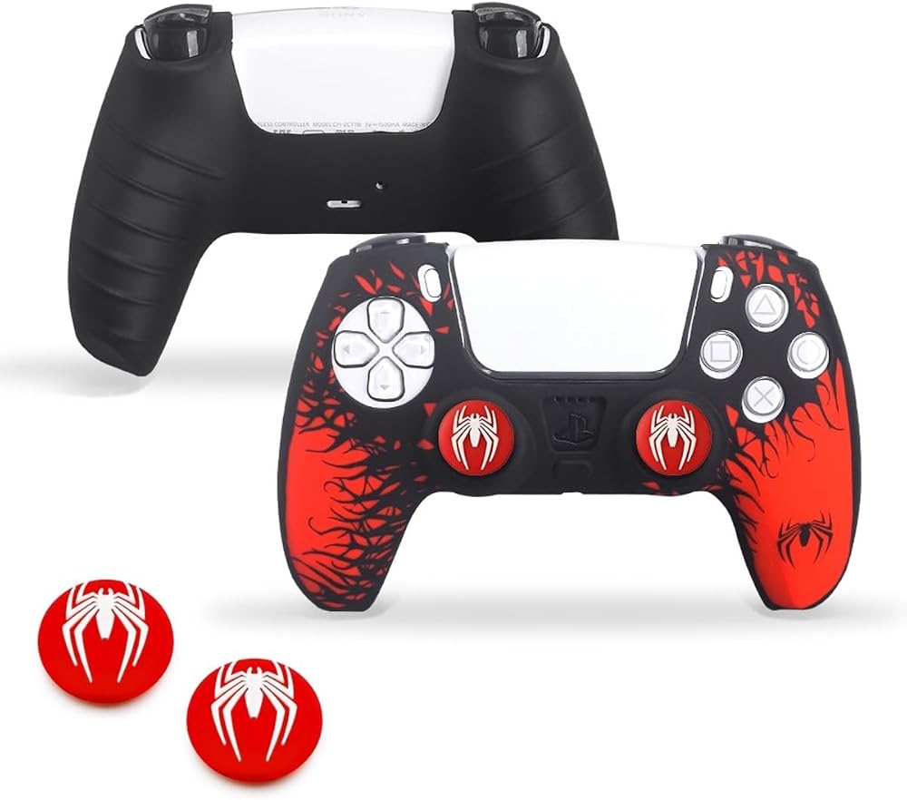 DEADSKULL PlayStation 5 DualSense Spider-Man Koruyucu Silikon Kılıf + Analog Koruyucu, Kırmızı-Siyah