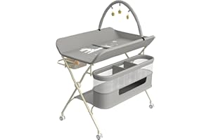 OHMG Table à Langer Pliable, Plan à Langer avec Panier Latéral et roulettes et 3 Jouets,Organiseur de Couches 5 Réglable en Hauteur, Rangement Multifonction pour Chambres d'enfant，75x68x83-91cm
