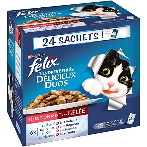 Felix Tendres Effilés en Gelée Délicieux Duos Viandes - 24 x 100 g - Sachets Fraîcheur pour Chat Adulte - Lot de 4