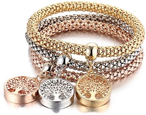 REAOK 3Pcs Crystal Bangle Gold Silver Rose Gold Plated Elephant Owl Tree Life Bracelet Rhinestone Bangles Set Women Ladies Girls 6mm 7.4 Inch