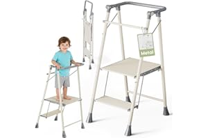 DEANIC Foldable Toddler Tower, Kitchen Helper Step Stool for Kids, Montessori Learning Tower, Folding 2-Step Ladder with Lockable Safety Rail (Grey)