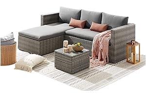 EVRE Malibu Rattan Garden Furniture Set 5 Piece 3 Seater Sofa 1 Ottoman Footstool Patio Outdoor Wicker Weave Lounge Sofa and Coffee Table (Grey)