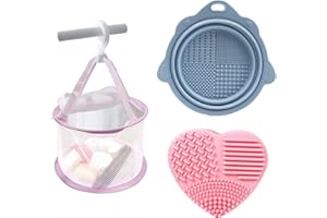 HAOXYO 3 Stücke Make up Pinsel Reinigung Satz, Silikon-Make-up-Pinsel Cleany Mat und Pinselreiniger Make Up,Hängendes Trockennetz,Die den Make-up-Pinsel Leicht Reinigen, Puderquaste, Schwamm