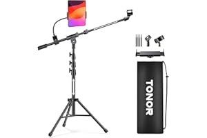 TONOR Statyw Mikrofonowy z Uchwytem na Tablet, Stojące Ramię Statywu z Regulacją Wysokości i Kąta Nachylenia, Klipsem na Telefon Komórkowy i Podkładkę, Odpowiedni do Większości Mikrofonów