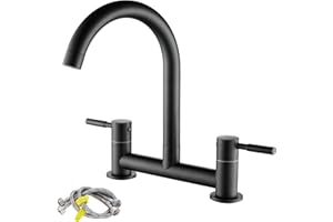 Ankoory Bridge Kitchen Sink Mixer Tap, 2 Hole Kitchen Bridge Mixer, 180mm Centers Deck Mounted Faucet with G1/2 Hoses, UK Standard Fittings, Dual Lever 1/4 Turn, 360° Swivel Spout, Brass, Matte Black