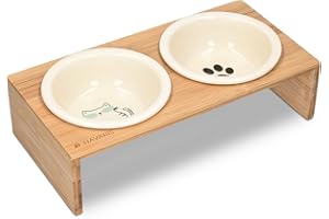 Navaris Comedero y Bebedero para Mascota - 2X Bol Elevado para Perros Gatos - Comedero Doble de cerámica - Boles con Soporte Antideslizante de bambú