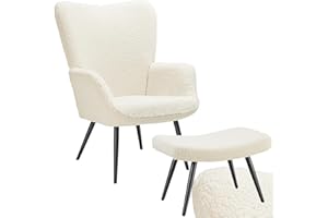 ‎TECTAKE tectake® Skandinavischer Stil Ohrensessel, Sessel Hygge mit Hocker, Breitcordbezug, Sessel Wohnzimmer, Schlafzimmer, Esszimmerstuhl, Statement Loungesessel, belastbar bis 150 kg - Bouclé creme/schwarz