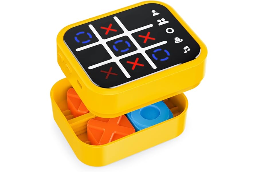 Anoawens Rechargeable Tic Tac Toe Game Box with 5 Fun Brain and Memory Games, Compact Handheld Puzzle Game Console, Portable Travel Game for All Ages 3+ (Yellow)