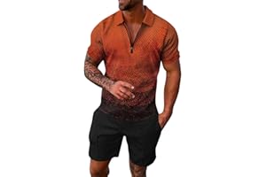 EQWIGKEIT Herren Trainingsanzug Set Lässig Sportanzug Casual T Shirts Und Kurze Hose Jogginganzug Herren Set Baggy Freizeitanzug 2 Teiliges Bedruckter Polo Hemd Set Casual Sommer Anzug Herren