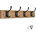 keypak 4 Matte Black Coat Hooks on Ash Effect Wooden Board - Modern Wall Mounted Coat Rack Clothes Hanger