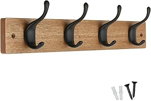 keypak 4 Matte Black Coat Hooks on Ash Effect Wooden Board - Modern Wall Mounted Coat Rack Clothes Hanger