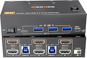 AOOCOO 8K60Hz HDMI KVM Switch 2 PC 2 Monitore 4K120Hz USB 3.0 KVM Switches mit 4 USB Anschlüssen für zwei Computer Dual-Monitor,Kabelfernbedienung und USB-Kabel im Lieferumfang enthalten