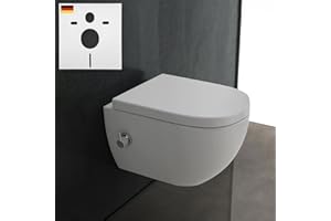ALPENBERGER GERMANY Alpenberger Spülrandloses WC mit Bidet Funktion | Dusch WC | Kloschüssel mit Armatur | Toilettendeckel D Form | Hänge WC mit Intimdusche und Schallschutz | Taharet WC Toilette Passend Geberit