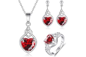 CERSLIMO Jewellery Set for Women - Garnet Diamond Heart Pendant Necklace, Dangle Earrings for Women & Adjustable Silver Rings Set | Jewellery Set for Girlfriend Wife Wedding Christmas Gifts for Her