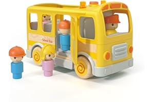 Wanborns School Bus Toys with 5 Play Figures for Toddlers, Kids Car Toys with Light & Sound, and Trucks can Open Doors and Stop Signs, Birthday Gifts for 18M+ 2 3 4 5 Years Old Boys (Wooden+Plastics)