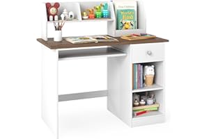 COSTWAY Kids Study Desk, Wooden Children Table with Drawer, Shelves, Hutch, Keyboard Tray, School Students Workstation for Studying, Reading and Drawing (White+Natural)