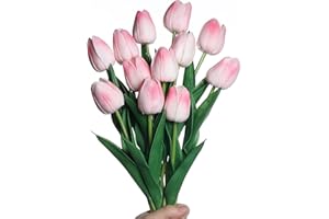 Anaoo 12 Pezzi Tulipani Fiori Artificiali Finti in Lattice Realistico Bouquet Decorazione per Nozze, Composizioni Floreali, Feste, Natale, Matrimoni, Casa, Ufficio, Effetto, Rosa Chiaro