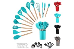 Berglander Set di Utensili da Cucina in Silicone 38 Pezzi con Manico in Legno con Ganci Muti-Uso e Portautensili (Blu)