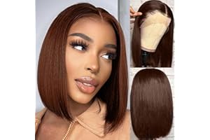 KERBEREY Perruque Bresilienne Chocolate Brown 13x4 Lace Frontal Wig Bob Courte Perruque Cheveux Humain Femme Perruque Naturelle Wig Human Hair for Women Couleur Naturelle Straight Bob Lace Wigs 8 Pouces