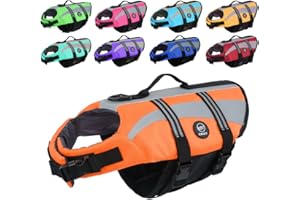 EMUST Chaleco de flotación para perro, chaleco salvavidas reflectante para perros pequeños con asa de rescate, chalecos salvavidas para nadar en barco, agua, naranja, S
