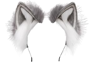 ZFKJERS Furry Fox Wolf Cat Ears Headwear Women Men Cosplay Costume Party Cute Head Accessories for Halloween (Grey White)