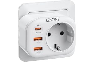 LENCENT EU Uttag Plugg med 3 USB Snabbladdning, 4-i-1 Multikontakt