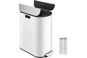 SONGMICS Double Kitchen Bin, 30L and 20L Dual Compartment Slim Bin for Recycling and Waste, Pedal Bin with Wing Lids, Cloud White and Metallic Silver LTB570W02