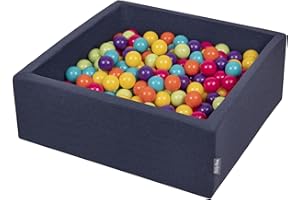 KiddyMoon Bällebad 90X30cm/200 Bälle ∅ 7Cm Bällepool Mit Bunten Bällen Für Babys Kinder Quadrat, Dunkelblau:H.Grün/Gelb/Türkis/Orange/D.Pink/Violet