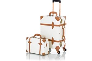 COTRUNKAGE Vintage Suitcase PU Leather TSA Approved Carry On Luggage Sets 2 Piece for Women, Pearl White