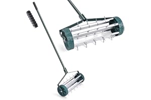 RELAX4LIFE Scarificateur Gazon Manuel avec Garde-Boue&Poignée&Rouleau à Pointes Rotatives, Rouleau Aérateur Gazon de Pelouse en Métal pour Jardin Cour Patio, Vert (sans Garde-Boue)