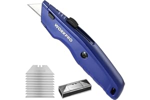 WORKPRO Premium Teppichmesser, Einziehbarer Universalmesser aus Vollmetall, Strapazierfähiger Cuttermesser mit Schnellwechselklinge, mit 10 zusätzlichen Klingen, Blau