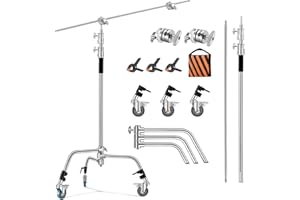 Soonpho C Stand 3 m en acier inoxydable Heavy Duty avec perche 330 cm et 130 cm Kit de bras de fixation 4 têtes de préhension réglables, trépied de lumière, pour boîte à lumière, studio