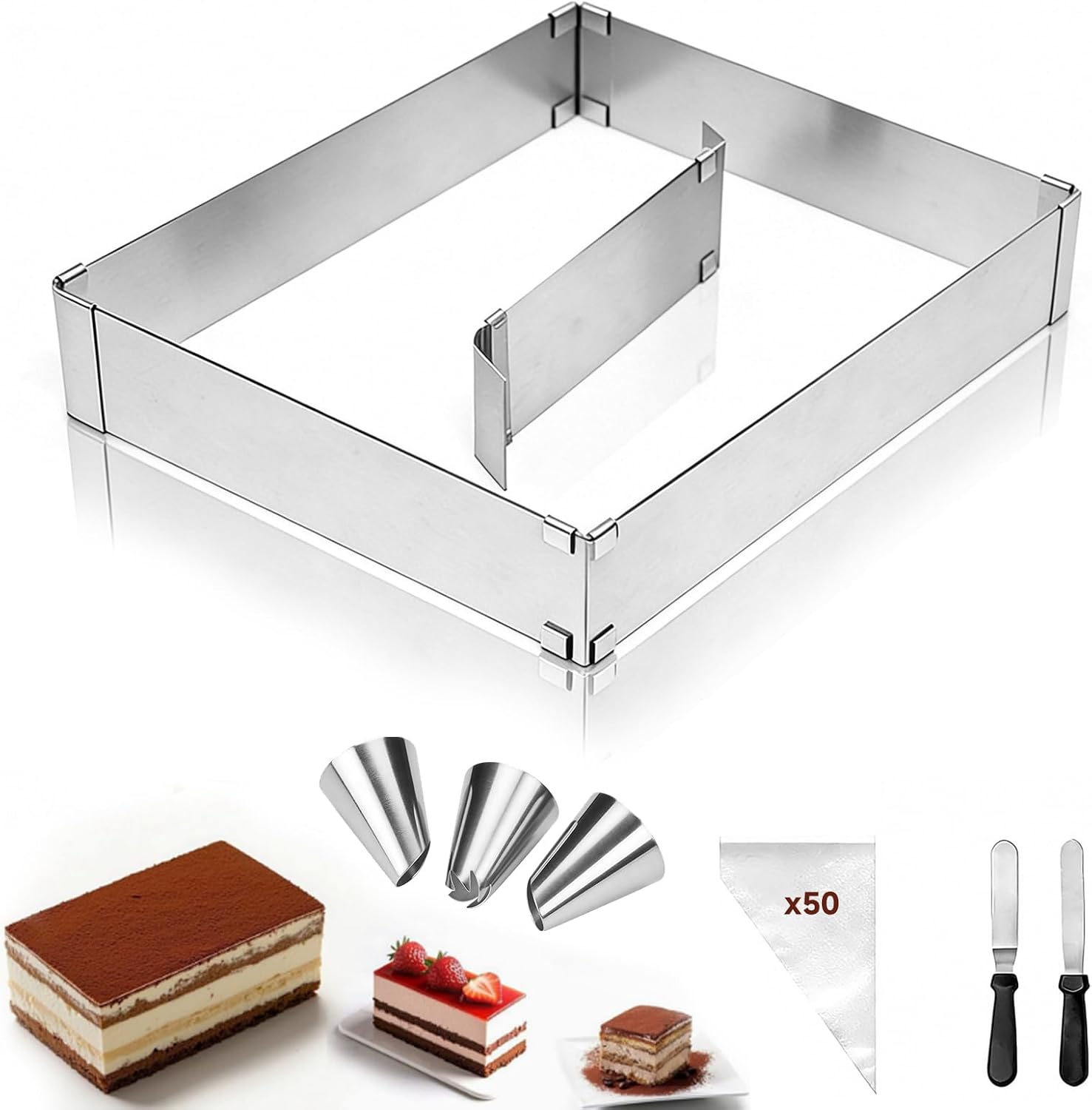 Veebmys Molde Pastel Ajustable, de Acero Inoxidable Extensible de 18-28 cm a 32-53 cm, con Divisoria y 2 Espátulas, para Hornear Pasteles, Mousse, Tiramisú y Tartas