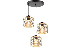 PETITES ECREVISSES 3 Luces Lámpara Colgante Vintage E27 Lámpara de Techo Colgante industrial Metal con Cuerda de Cáñamo Retro Diseño Jaula 16CM para Dormitorio Café Salón Pasillo (hexágono-C-base)