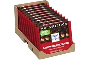 Ritter Sport Whole Hazelnuts Dark Chocolate Bar, 100g, Case of 10, Chocolate Sharing Bar