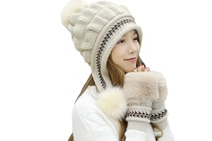 Vohoney Wintermütze Strickmütze Damen Warmer Beanie mit Pompon Mütze Handschuhe Set 2 in1 Winter Dickes Strickset Frauen Mütze mit Passendem Handschuhe Women Hat and Gloves Geschenk Winterzubehör