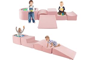 HOMFME Parcours Motricité 5 Pièces pour Enfant 3+ Ans, Aire de Jeux en Mousse Haute Densité Montessori avec Fosse à Balles pour Grimper et Ramper, Idéal pour Chambre d’Enfant, Intérieur, Rosé