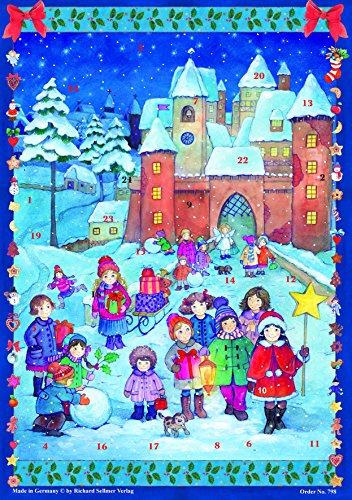 Download Grand Calendrier de l'Avent 24 portes 355 x 260 mm – Richard Sellmer Verlag RS 785 enfants Carol Chantant – Bleu Translucide avec paillettes et Windows – RS 798 – Design Antique Allemand traditionnel